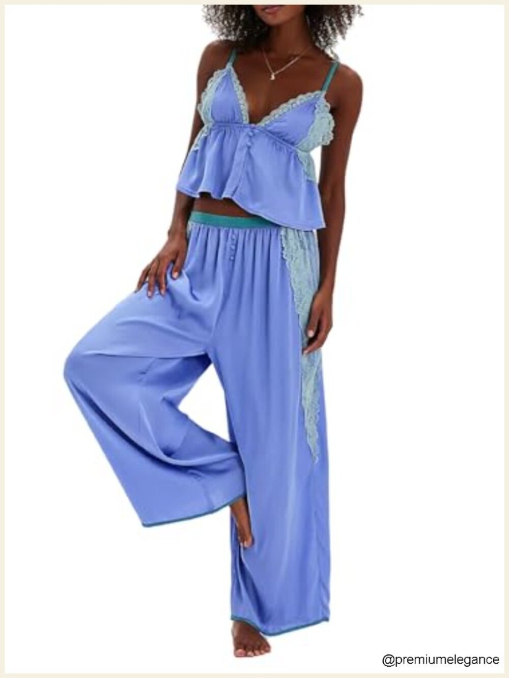 Women's Satin Pajama Set with Lace Trim Ruffle Camisole & Wide Leg Pants